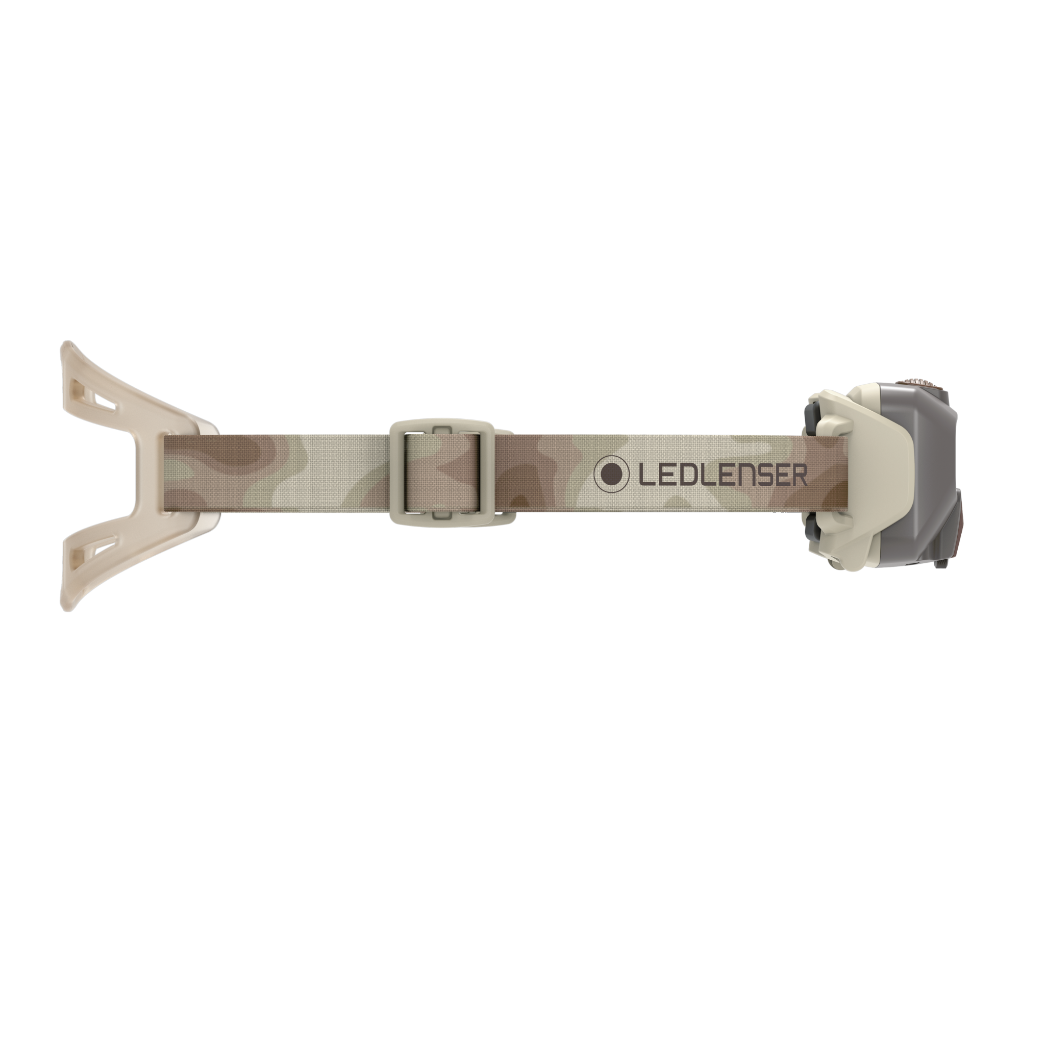 HF6R Signature Headlamp with camouflage adjustable strap and beige mount Ledlenser logo on strap