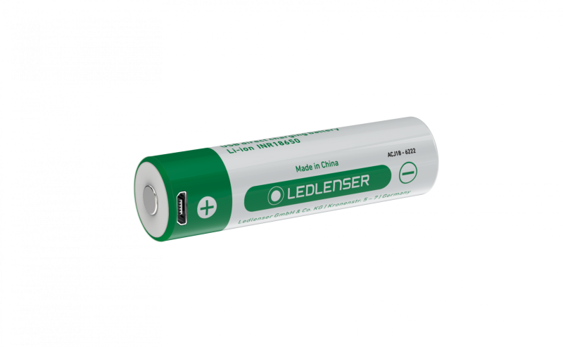 Rechargeable Battery Li ion 18650 shown horizontally with green Ledlenser branding and a micro USB charging port on the side
