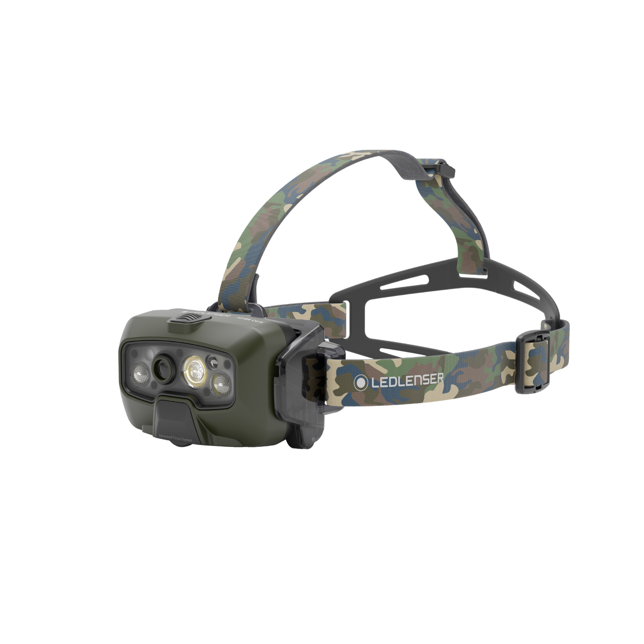 HF8R Core RGB Camo headlamp by Ledlenser showing olive green body with camo head strap and front LEDs