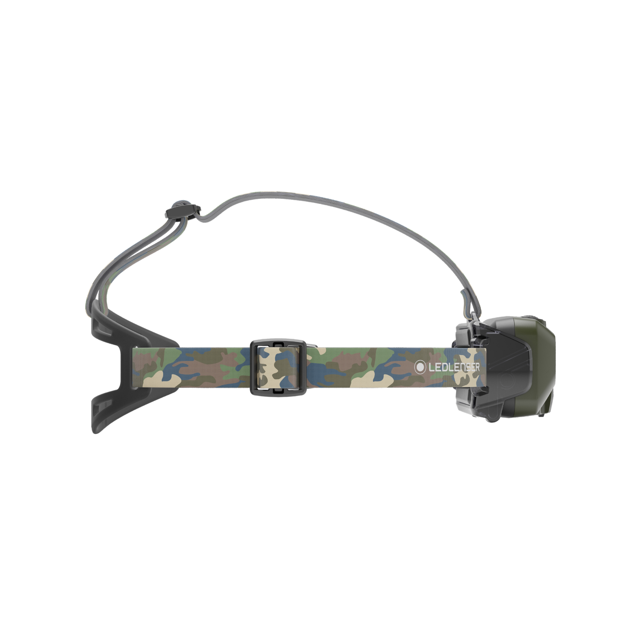 Ledlenser HF8R Core RGB Camo headlamp with camo strap and right mounted rechargeable battery pack side view