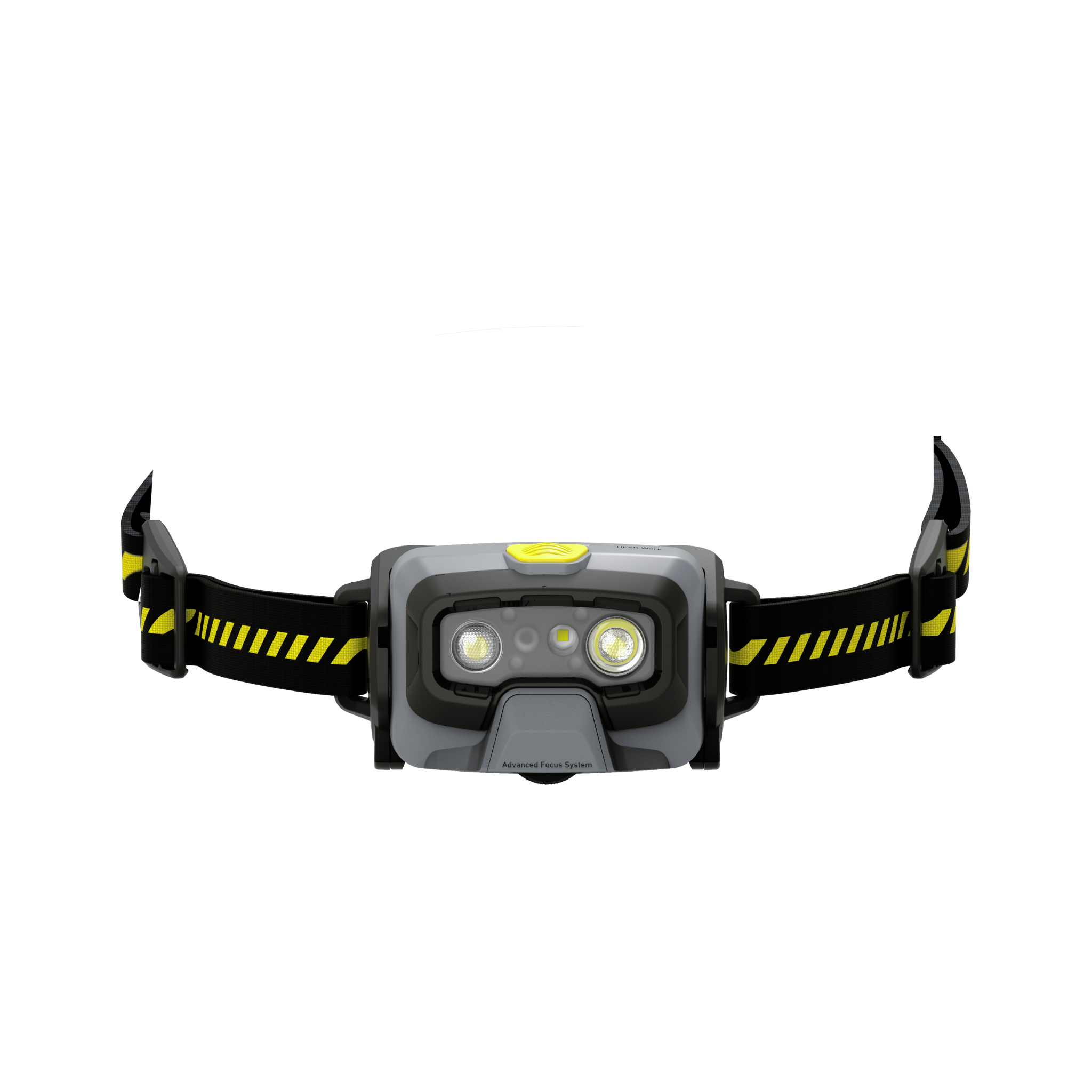 HF6R Work Headlamp front view showing grey body yellow top button two LED modules and black yellow striped headband