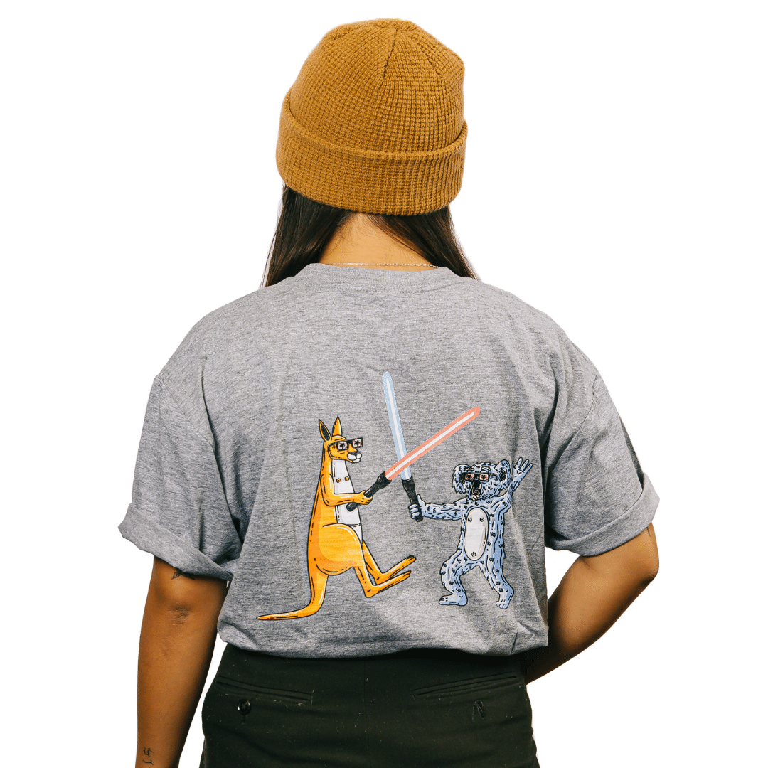 Mulga x Ledlenser Unisex Tee Aussie Animalia back view of gray cotton tee featuring cartoon kangaroo and koala with light sabers