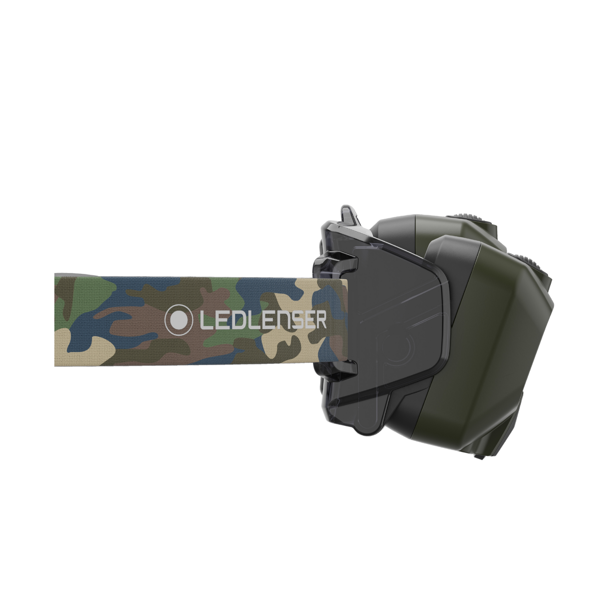 HF8R Core RGB Camo headlamp by Ledlenser with green housing and camo strap angled side view
