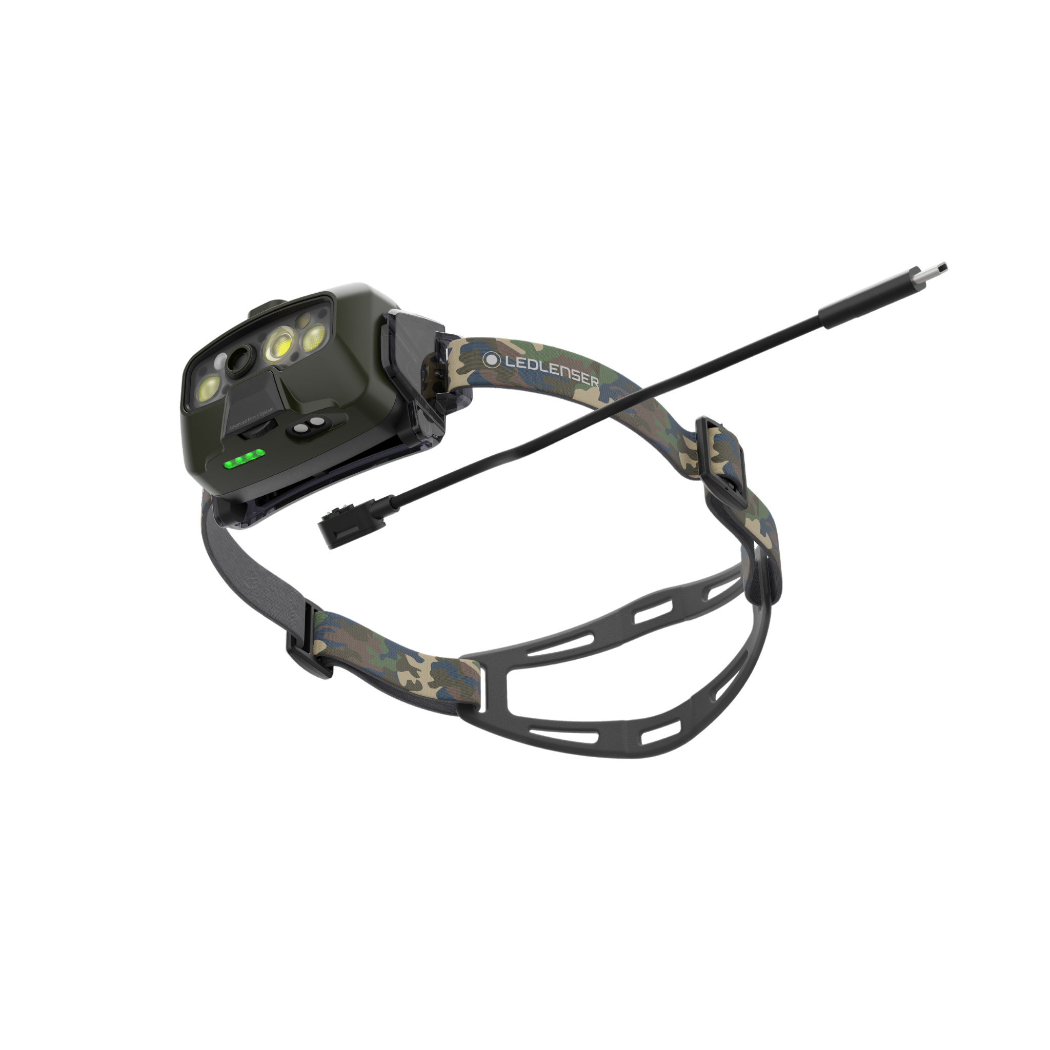 HF8R Core RGB Camo headlamp by Ledlenser with camouflage strap front LEDs and attached charging cable