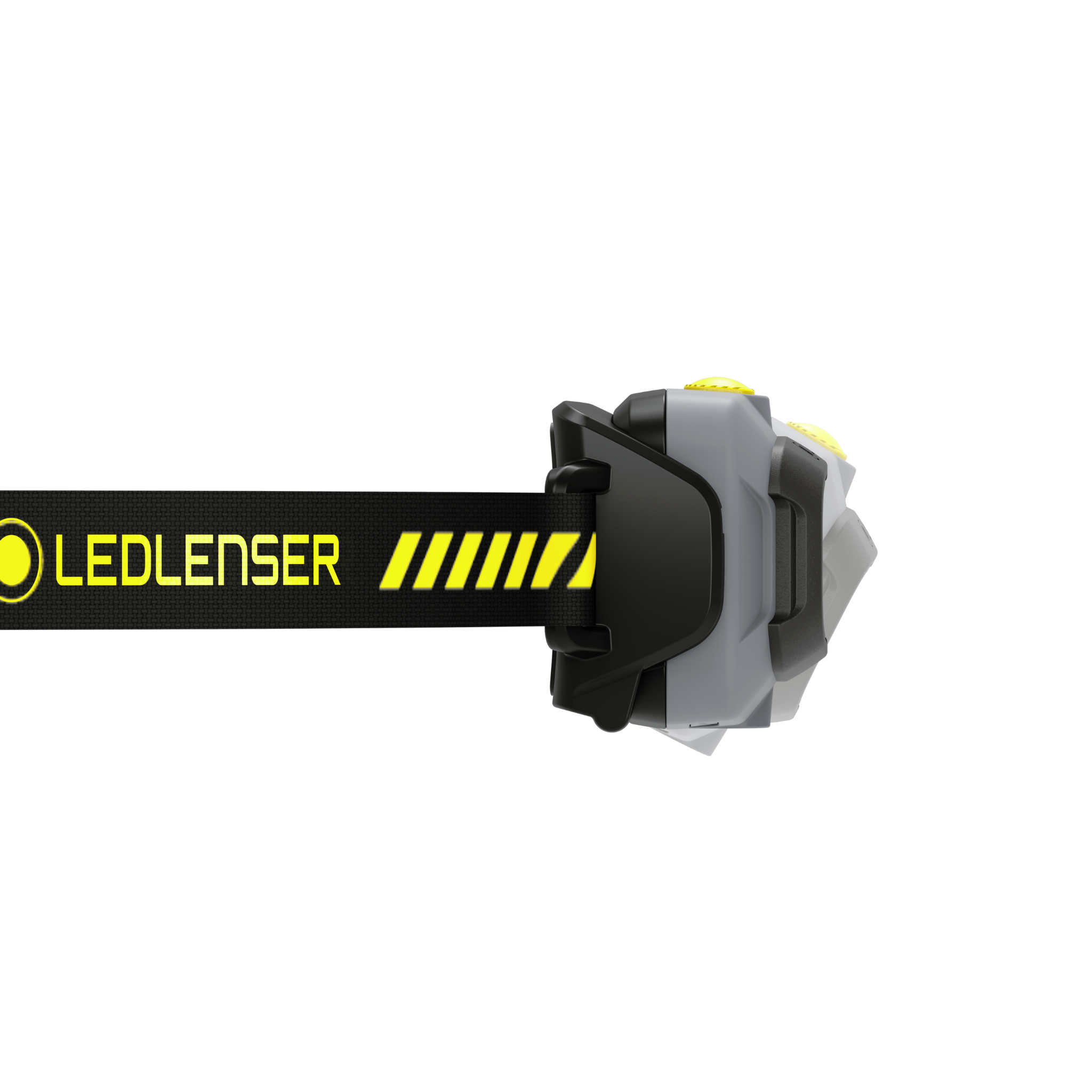 HF4R Work Headlamp by Ledlenser with grey housing and yellow adjustment caps mounted on a black strap on display