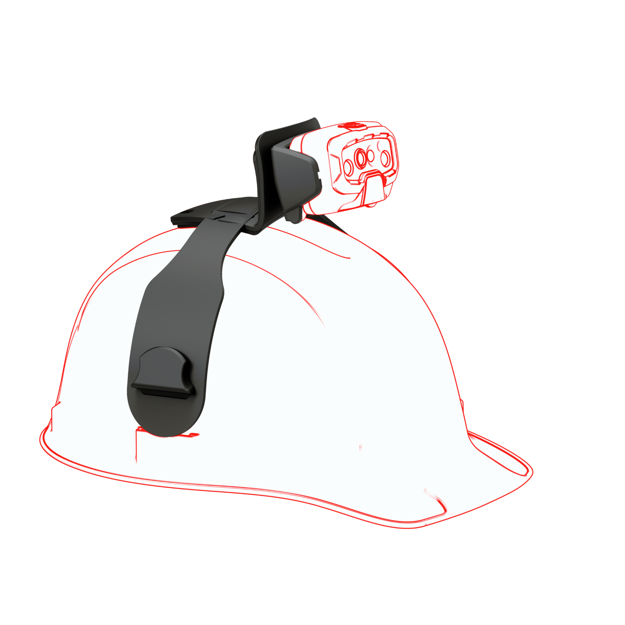 HF8R Work Headlamp mounted on a white hard hat with a black mounting bracket and strap front facing light module visible