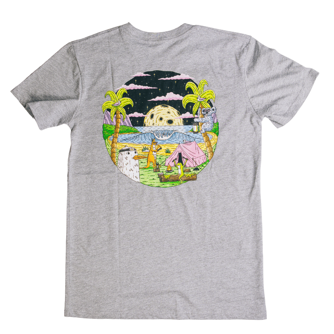 Mulga x Ledlenser Unisex Tee Aussie Camp: grey T shirt with circular retro graphic showing palm trees tent campfire and a moonlit beach scene