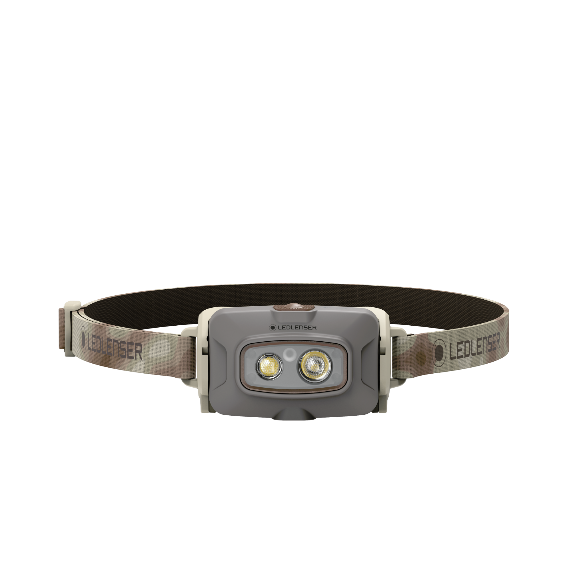 HF4R Signature Headlamp front view showing grey body with dual LED modules and brown camo headband marked Ledlenser