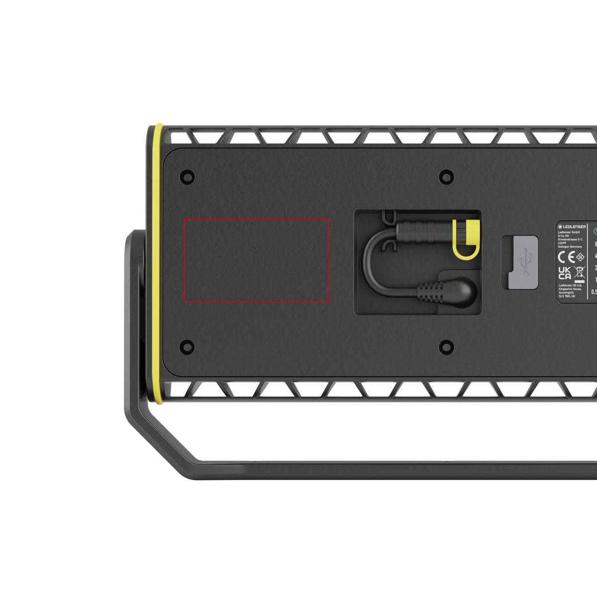 AF12R Work Floodlight back view showing charging port and cable yellow latch rugged dark housing