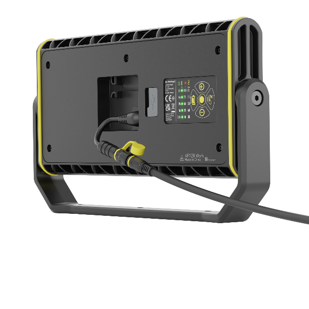 AF12R Work Floodlight shown from rear with mounting bracket power cable connected yellow trim and control panel visible