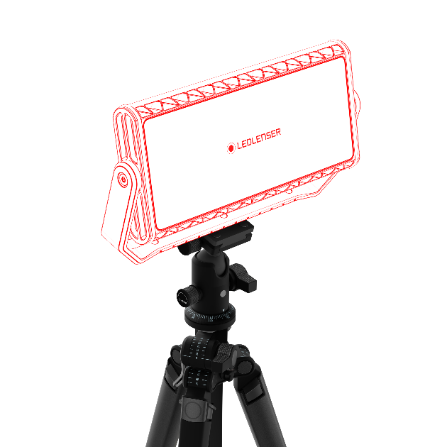 AF12R Work Floodlight mounted on a tripod with an adjustable head and rugged rectangular flood panel bearing the Ledlenser logo