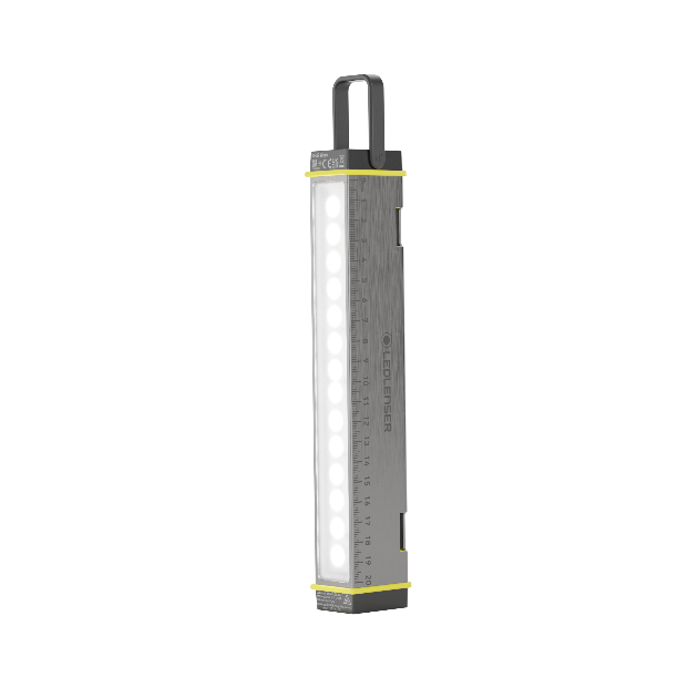 Ledlenser AF2R Work Area Light shown vertically with slim grey aluminum body LED strip along the front and a top handle