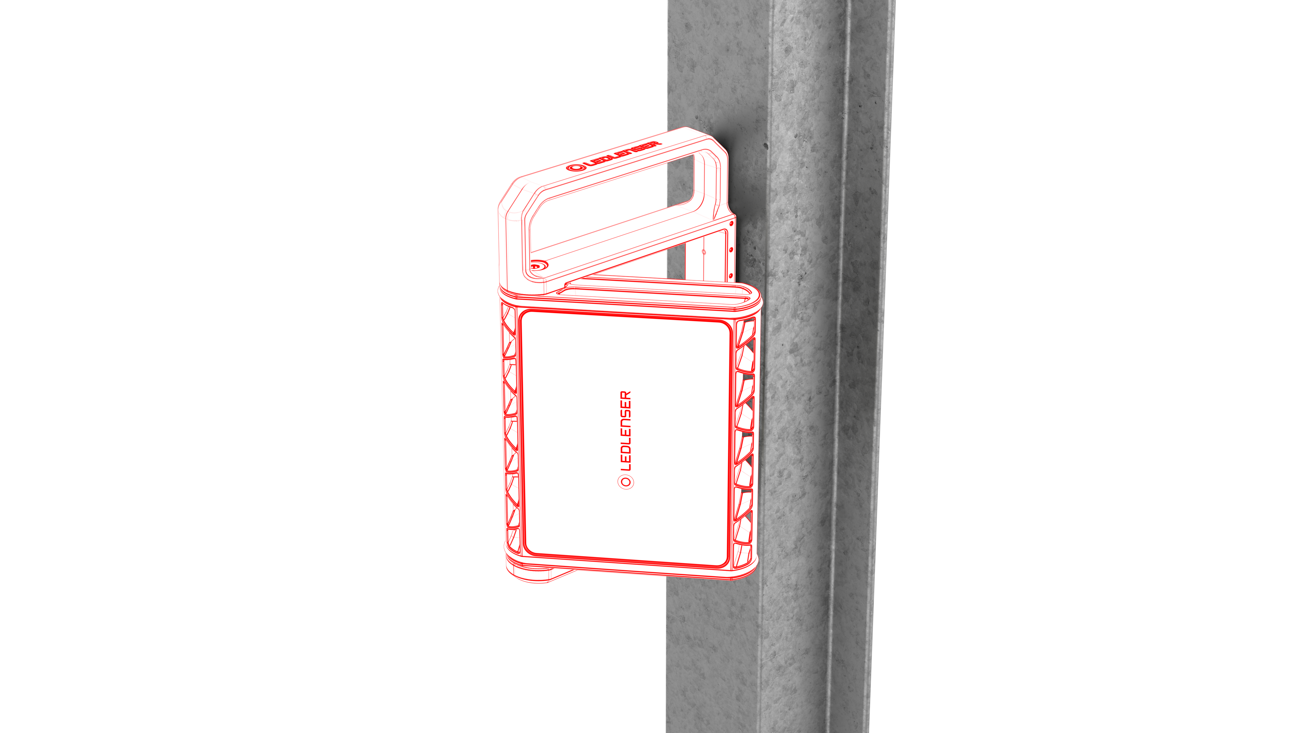 AF8R Work Floodlight red outline rendering on black background; handheld rectangular floodlight with top handle