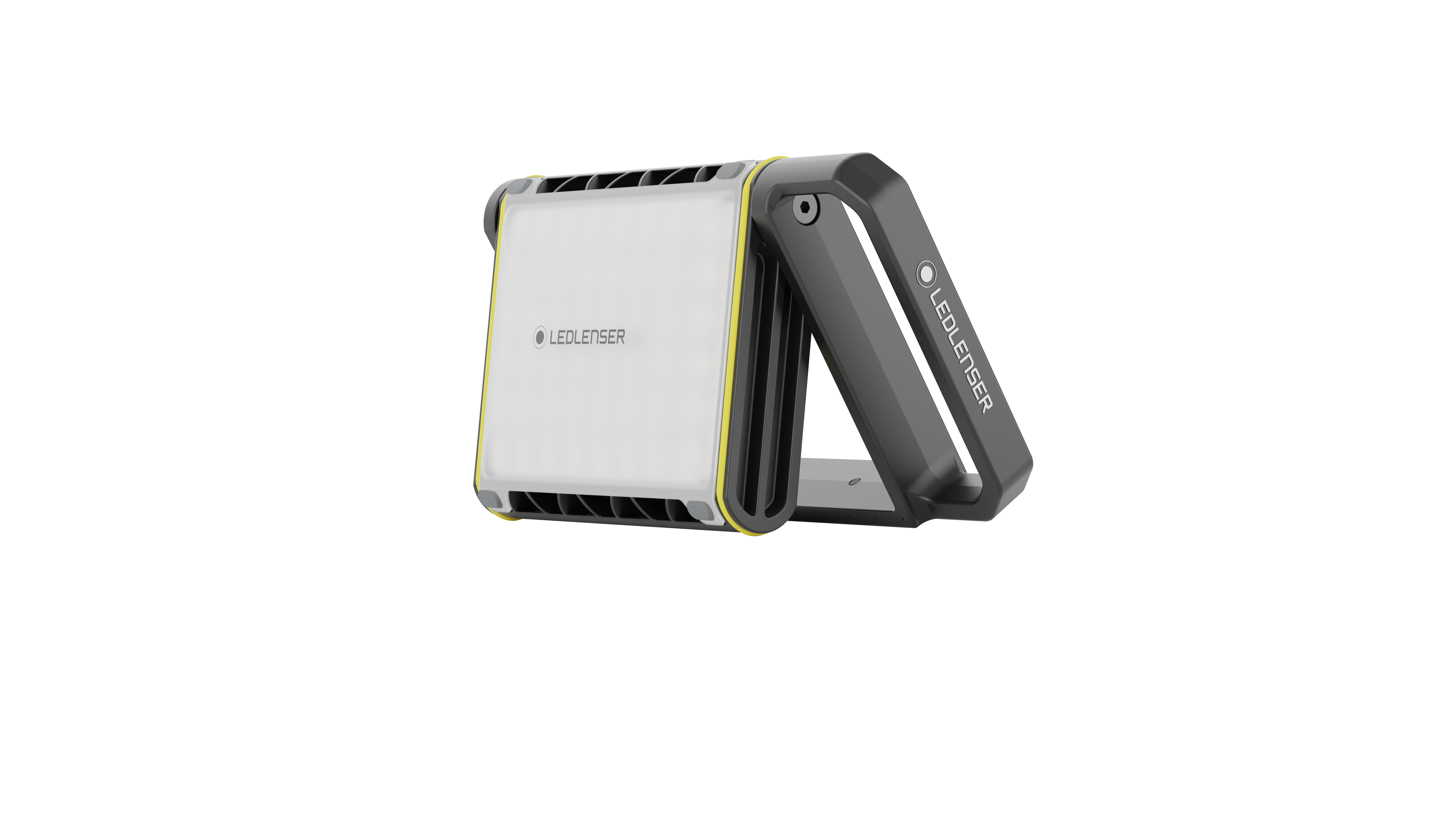 AF8R Work Floodlight by Ledlenser featuring compact portable design black handle grey body with yellow trim shown folded