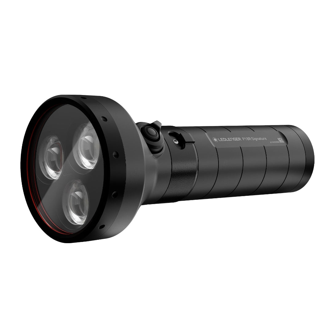 Ledlenser P18R Signature Torch black handheld flashlight shown in a three quarter front view with three LEDs visible on the head