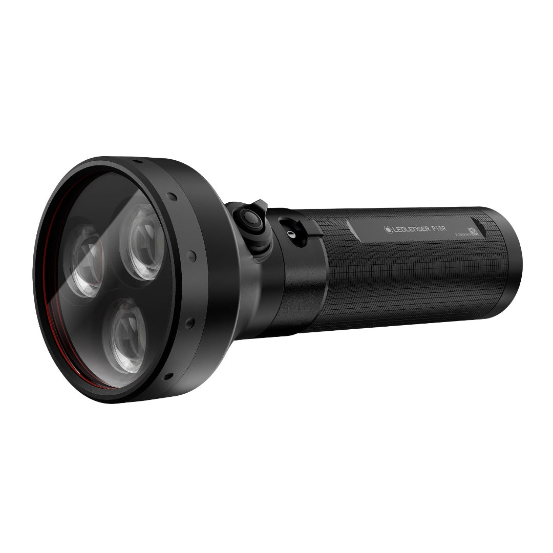 Ledlenser P18R Torch with three lens head and textured black body shown from a side angle
