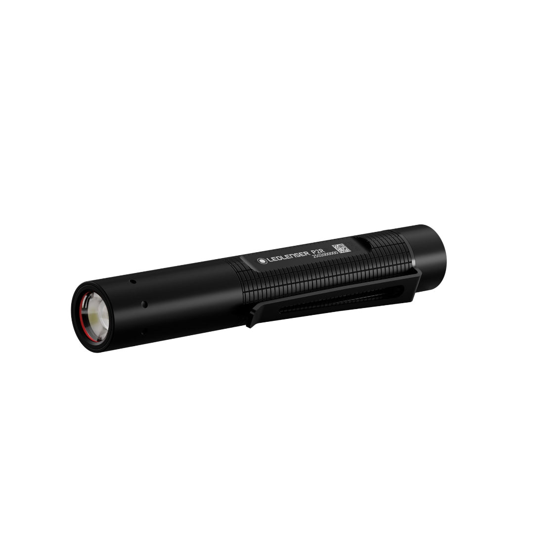 Ledlenser P2R Torch black compact rechargeable torch shown in side profile with a built in clip