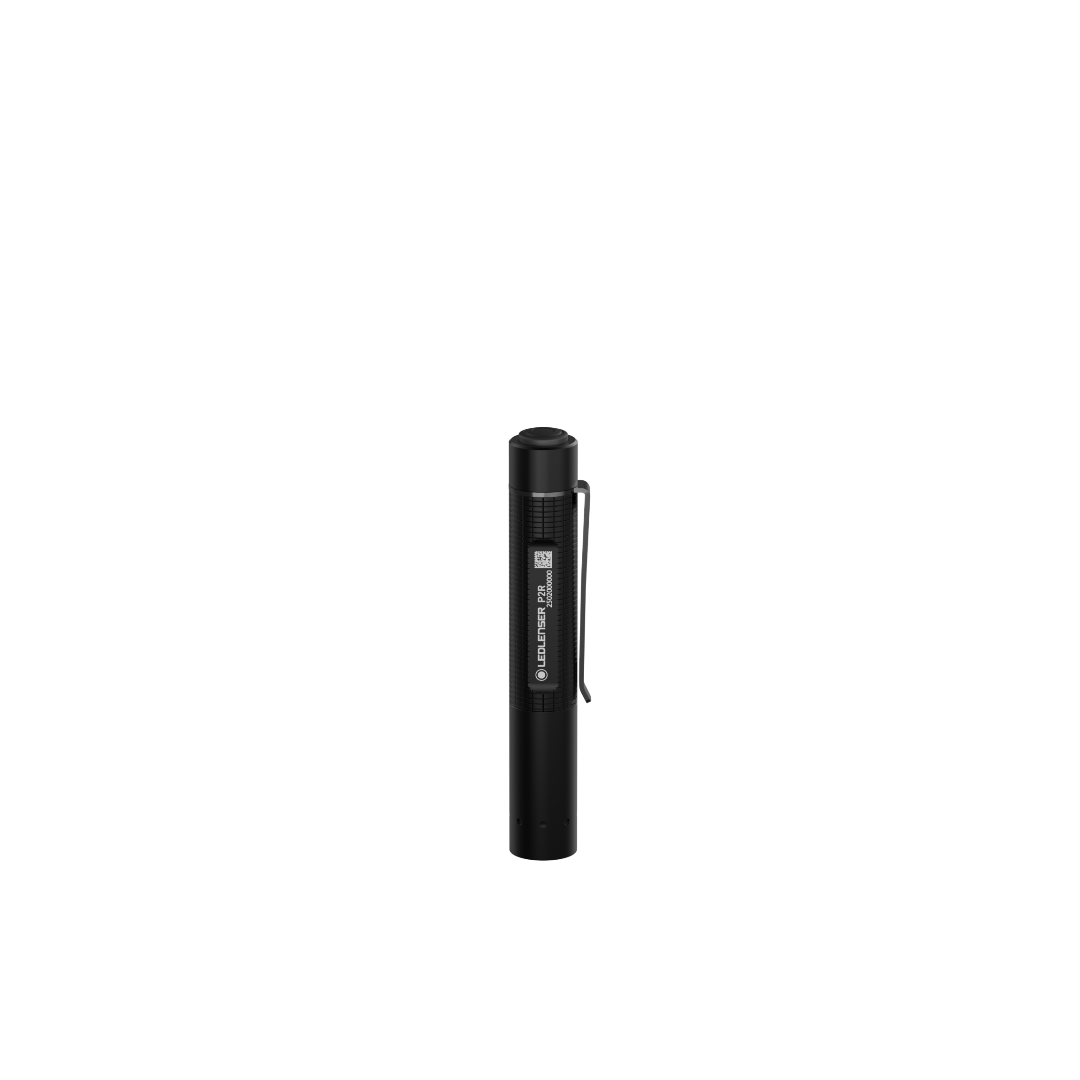 Ledlenser P2R Torch in black vertical handheld rechargeable torch with side label and metal clip