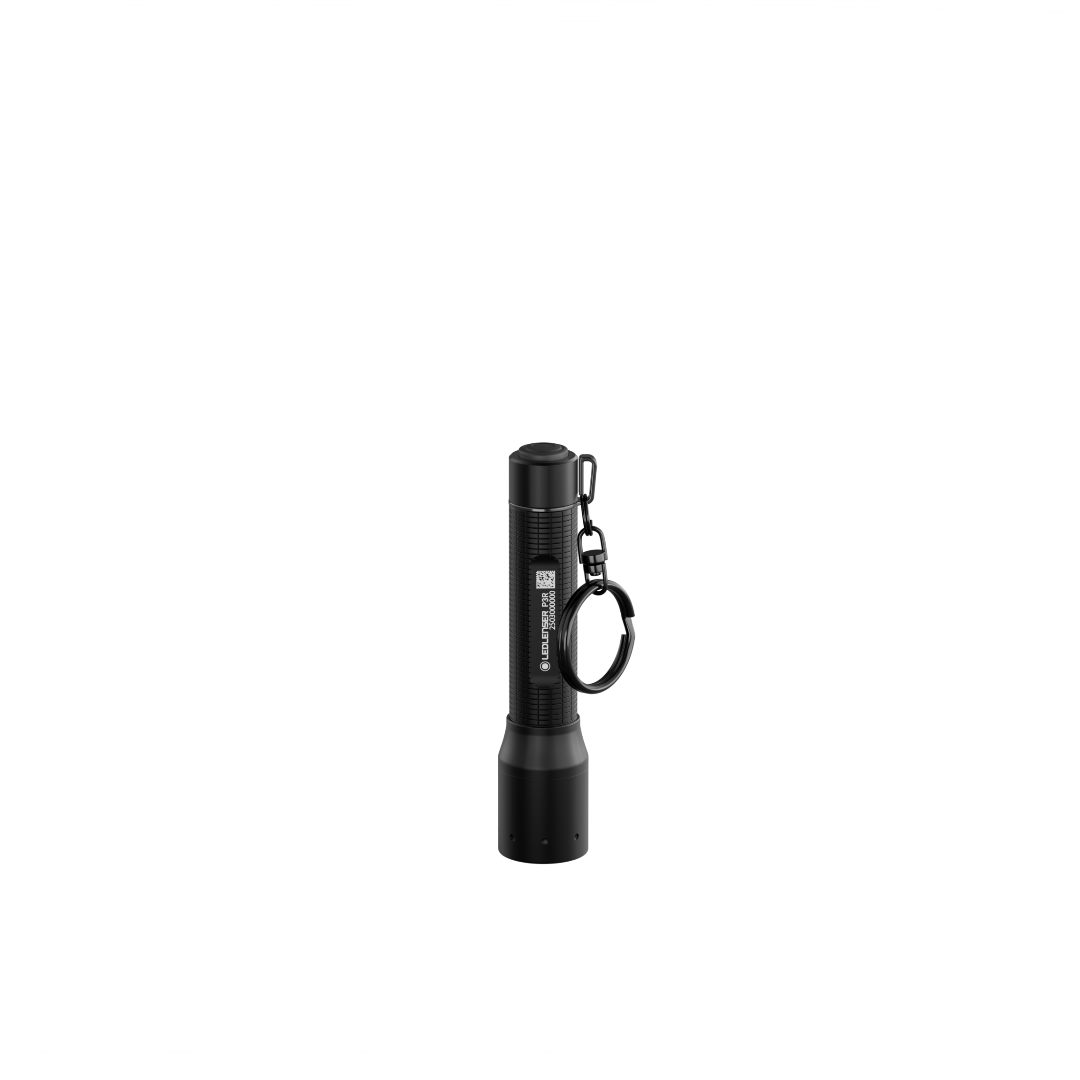 Ledlenser P3R Torch black rechargeable handheld flashlight with wrist strap shown upright