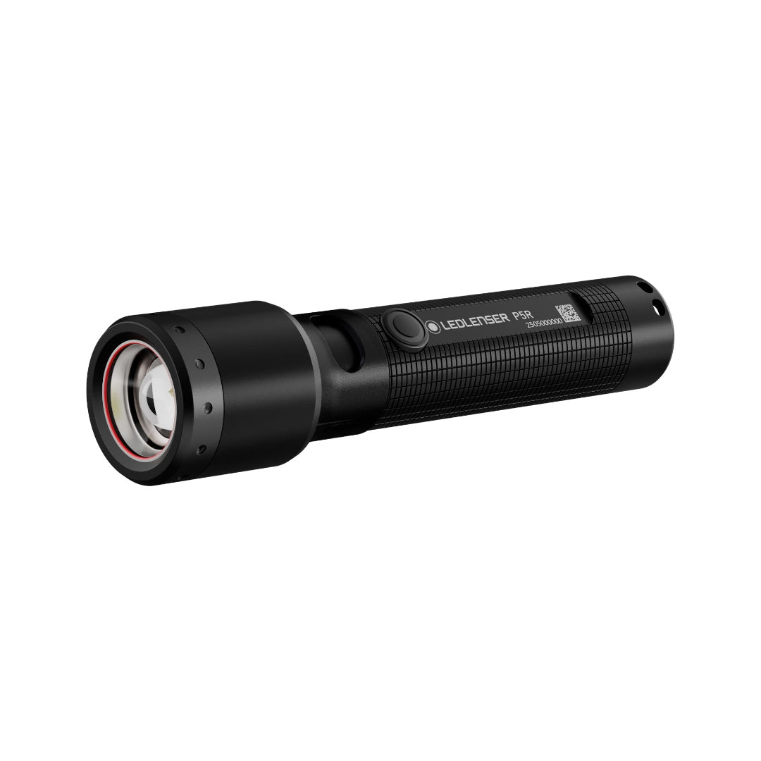 Ledlenser P5R Torch in black angled view showing knurled grip and side switch