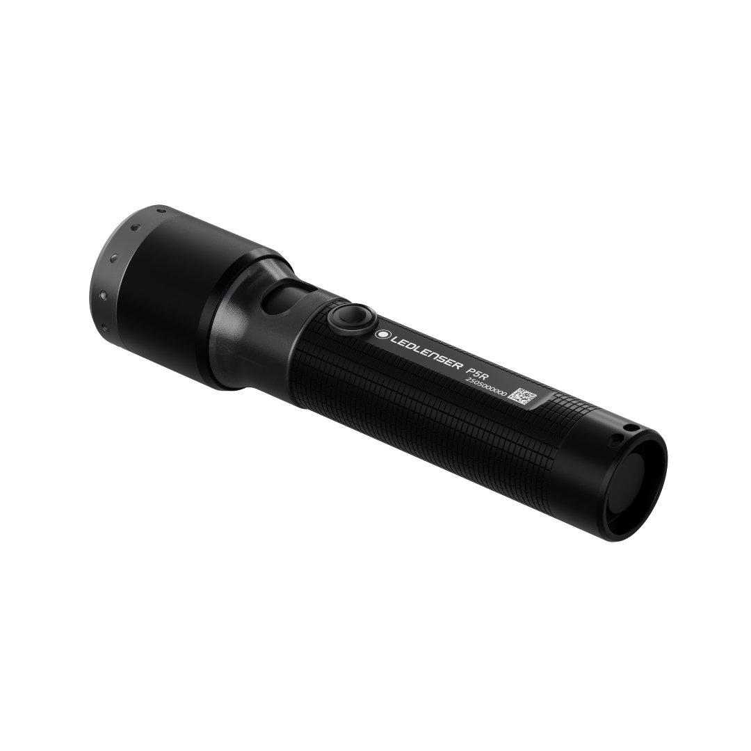 Ledlenser P5R Torch handheld black flashlight with textured grip and compact design shown at a slight angle