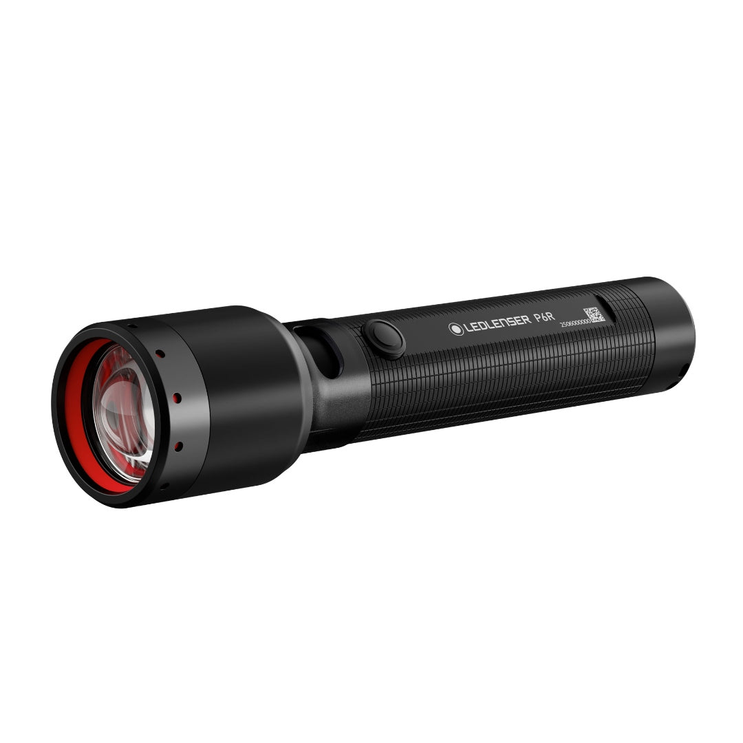 Ledlenser P6R Torch lying horizontally; black rechargeable flashlight with red bezel and textured grip