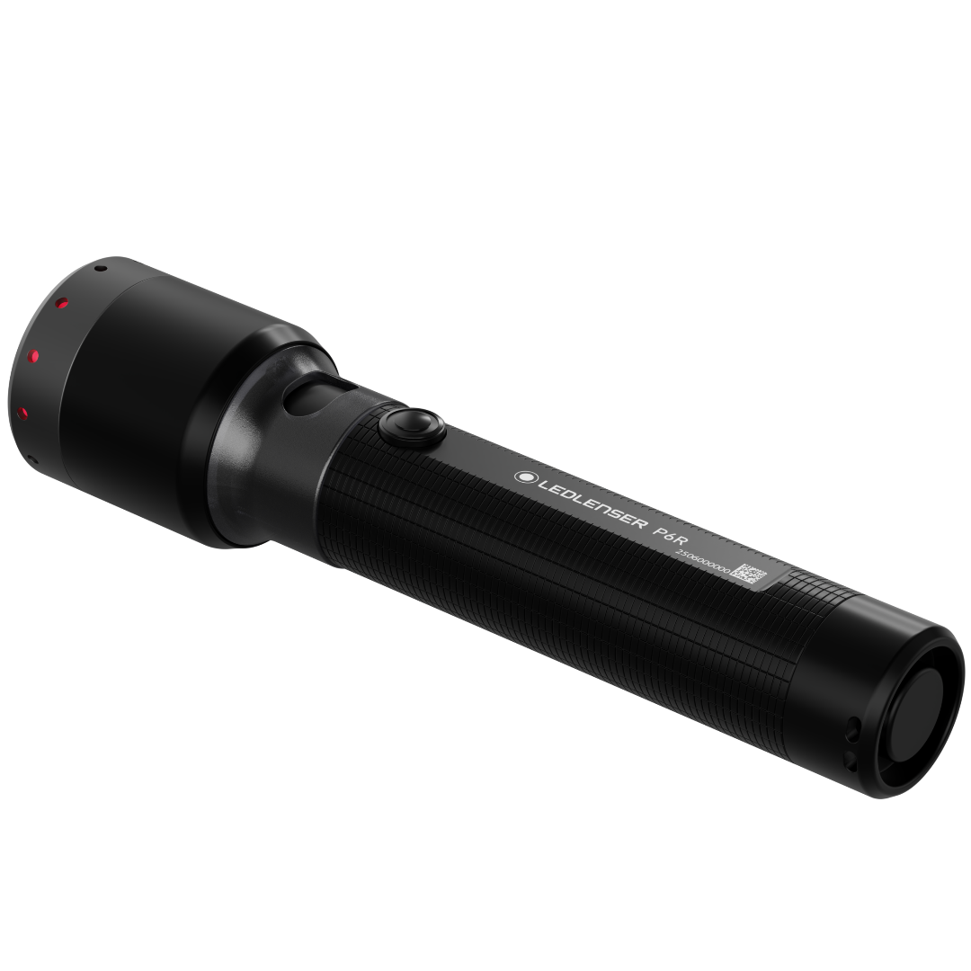 Ledlenser P6R Torch angled left profile showing black cylindrical rechargeable flashlight with textured grip and side control button