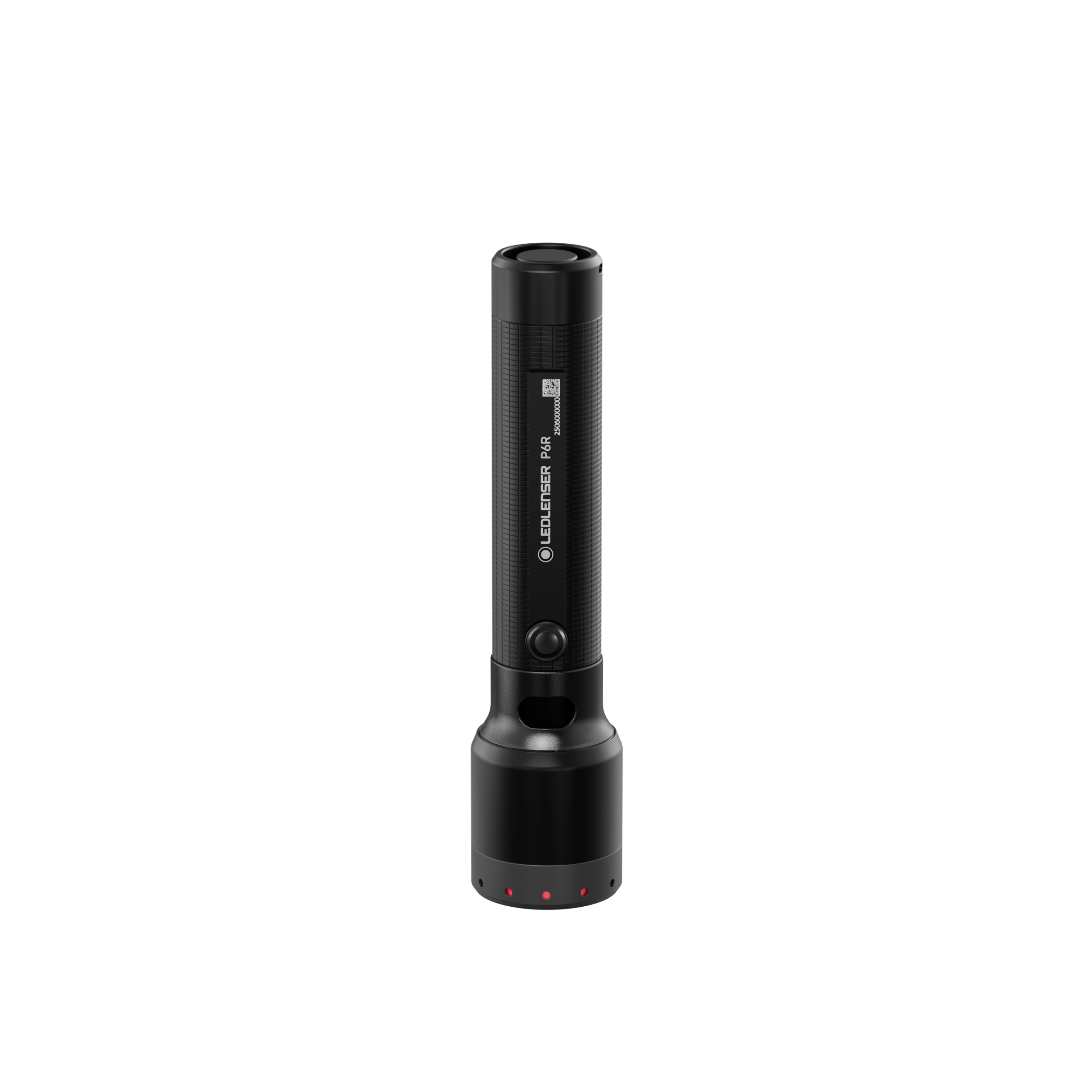 Ledlenser P6R Torch in black cylindrical design with textured grip upright orientation and visible base showing charging battery area