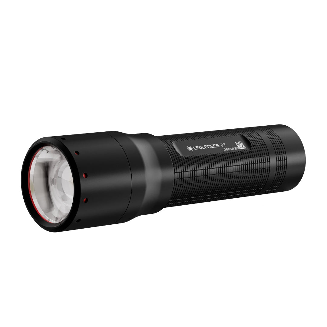 Ledlenser P7 Torch black handheld flashlight with textured grip and red ring around the lens shown at a slight leftward angle