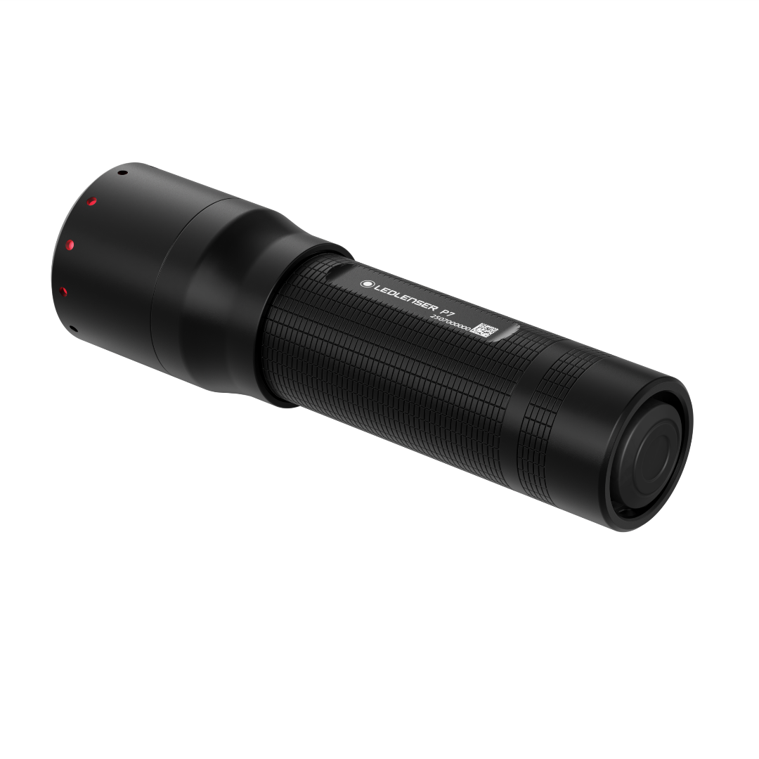 Ledlenser P7 Torch in black angled side view showing knurled grip and end cap