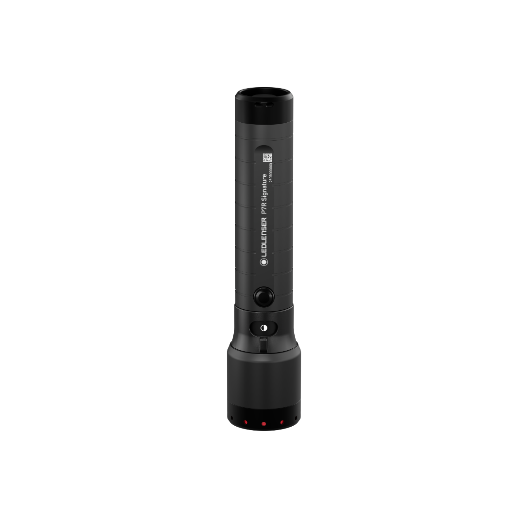 Ledlenser P7R Signature Torch in black vertical handheld flashlight with textured body and magnetic charging base visible