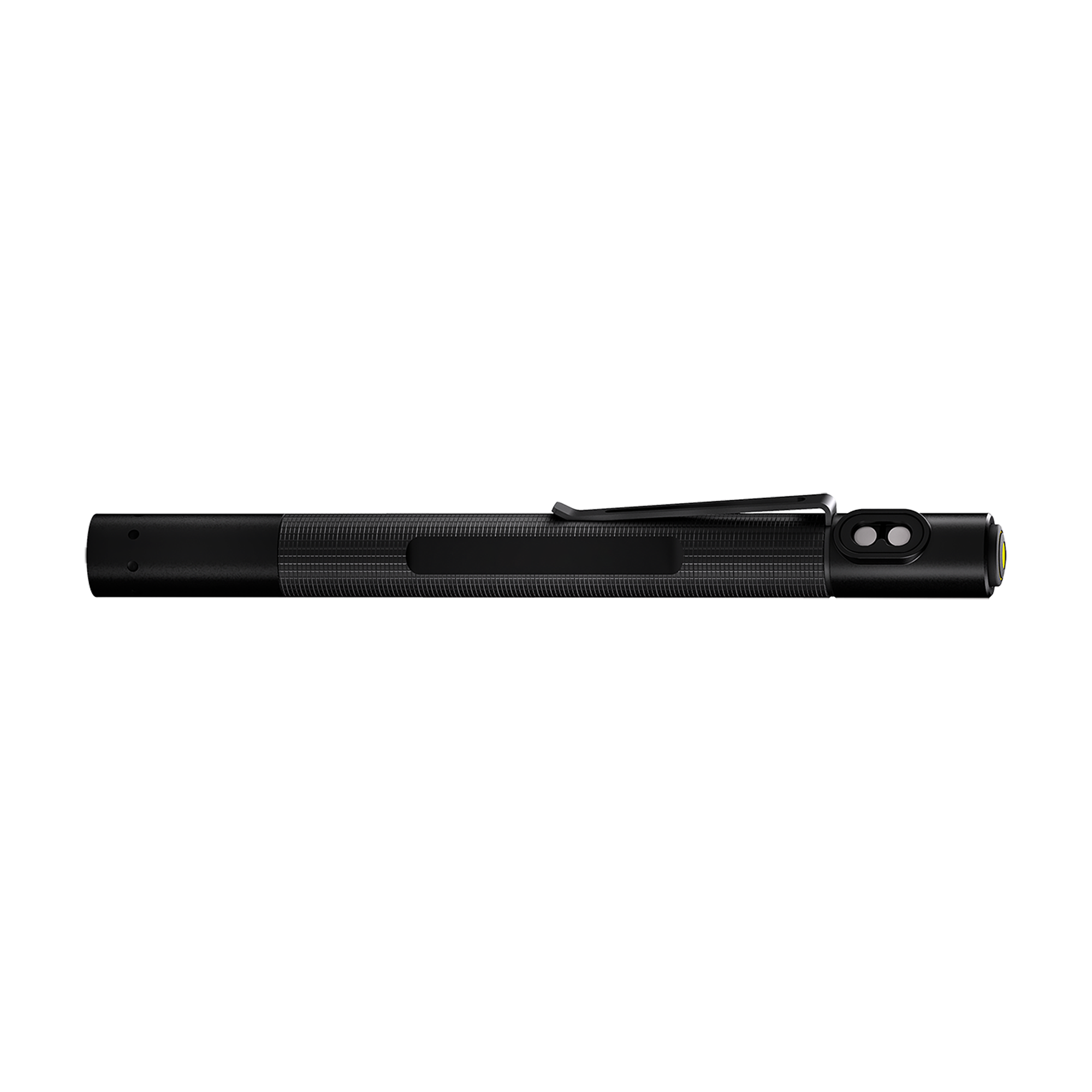 Ledlenser P4R Work Torch shown horizontally with textured black body metal clip and yellow bezel on a black background