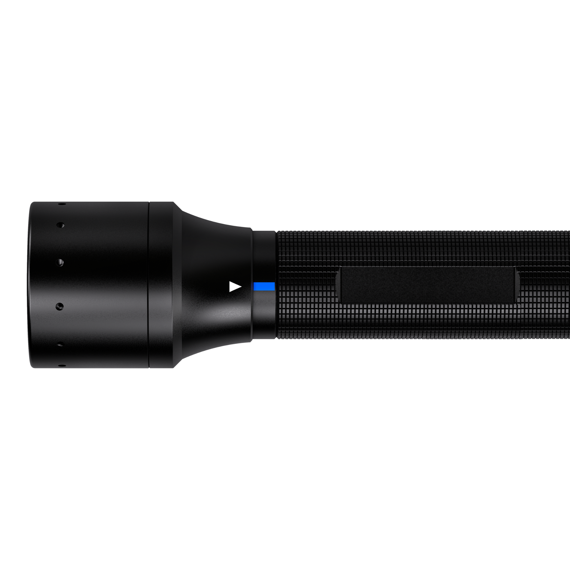 Ledlenser P6R QC Torch horizontal view showing a black cylindrical torch with textured grip and blue QC indicator
