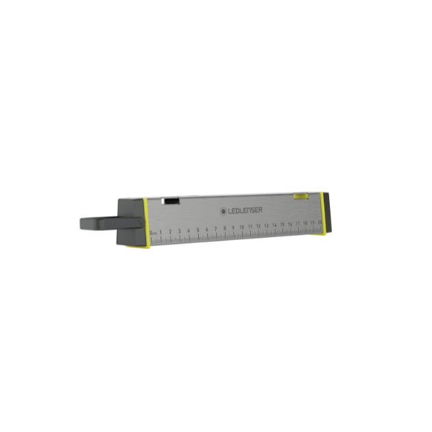 Ledlenser AF2R Work Area Light shown in side view with grey body yellow trim and built in ruler