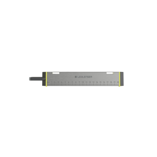 AF2R Work Area Light slim rectangular LED bar with grey body and yellow end caps Ledlenser logo mounted left handle mounting stalk visible