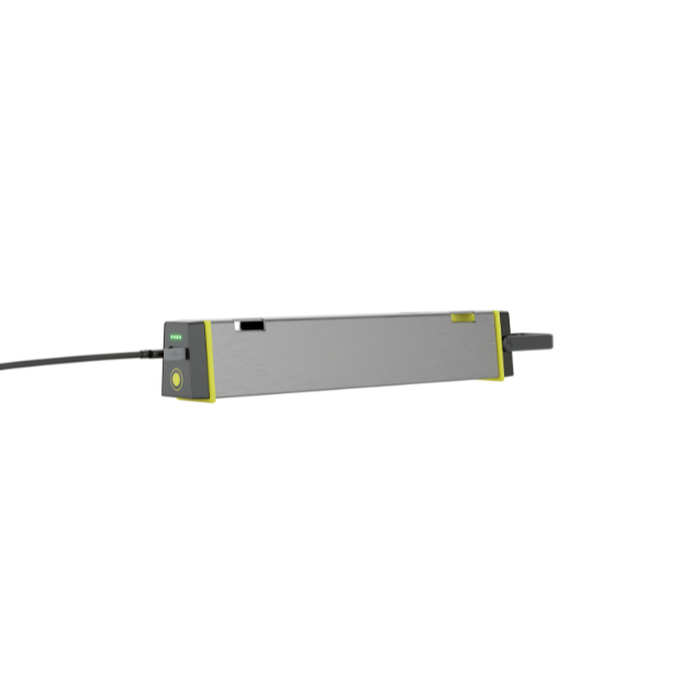 AF2R Work Area Light with grey rectangular housing and yellow accents connected to a power cable ready for professional use