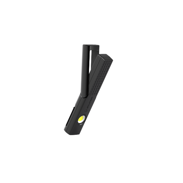 Ledlenser W4R Work Worklight in black handheld rechargeable work light with foldable stand and visible yellow LED