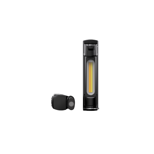 W7R Work Light standing upright showing a vertical yellow LED strip on a black body with a cap accessory beside it