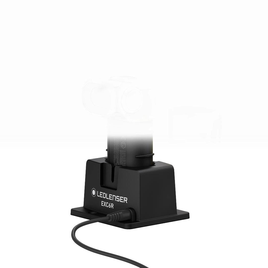 Charging Station for EXC6R with a mounted EXC6R light head on a black base and power cable