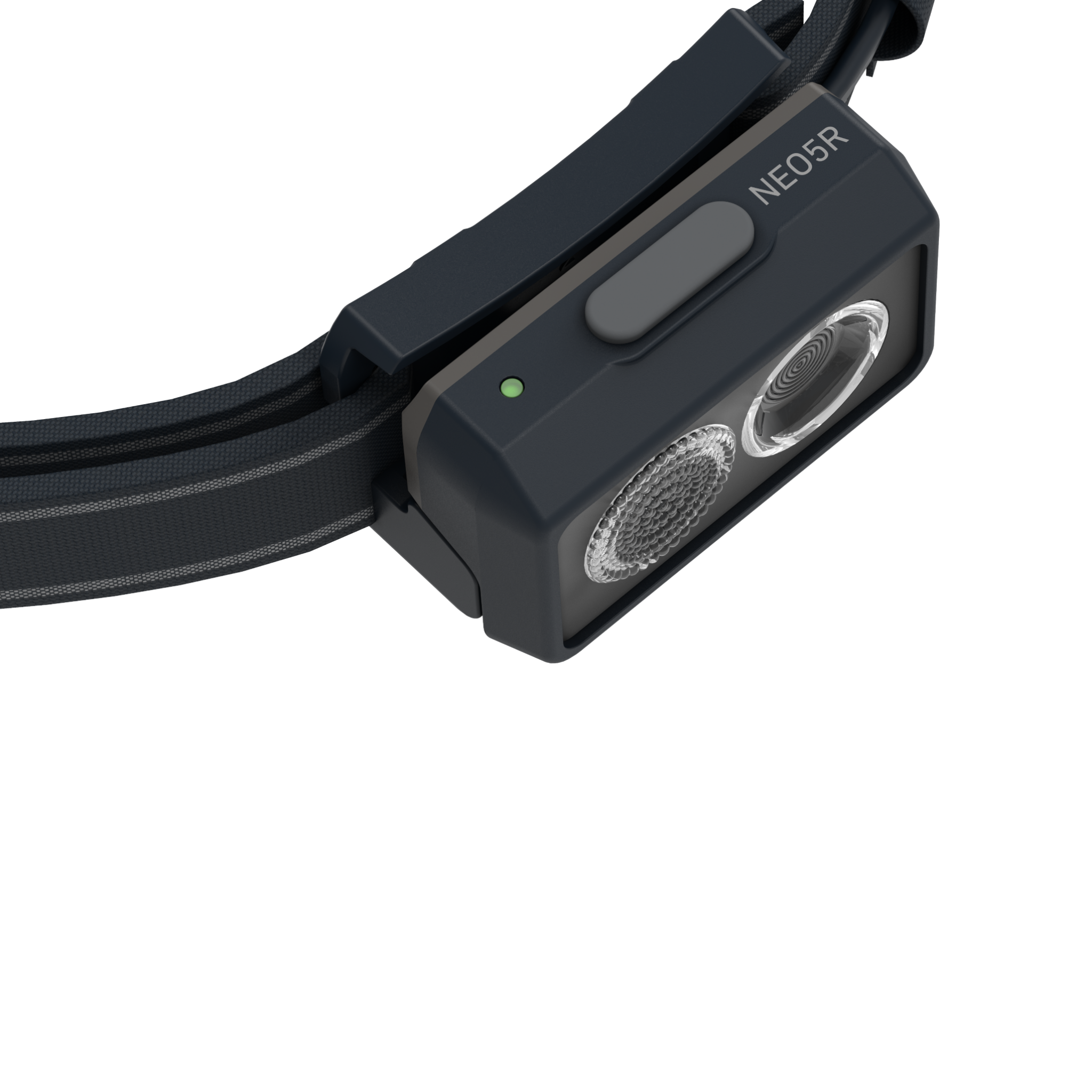 NEO5R Running Headlamp by Ledlenser featuring a dark gray body adjustable strap and compact front light viewed from a low angle