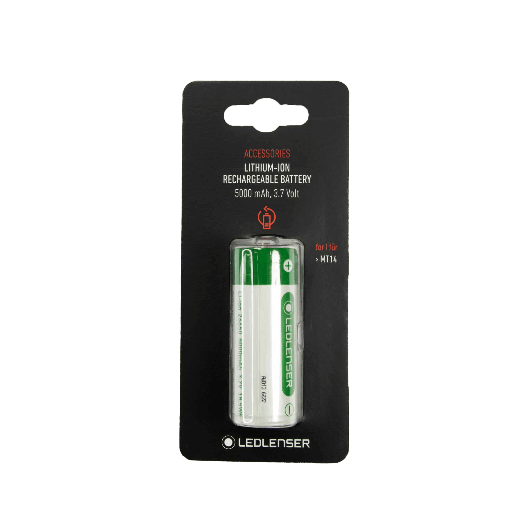26650 Battery Suits MT14 Torch in blister packaging showing a green and white Ledlenser Li ion recharge battery with branding