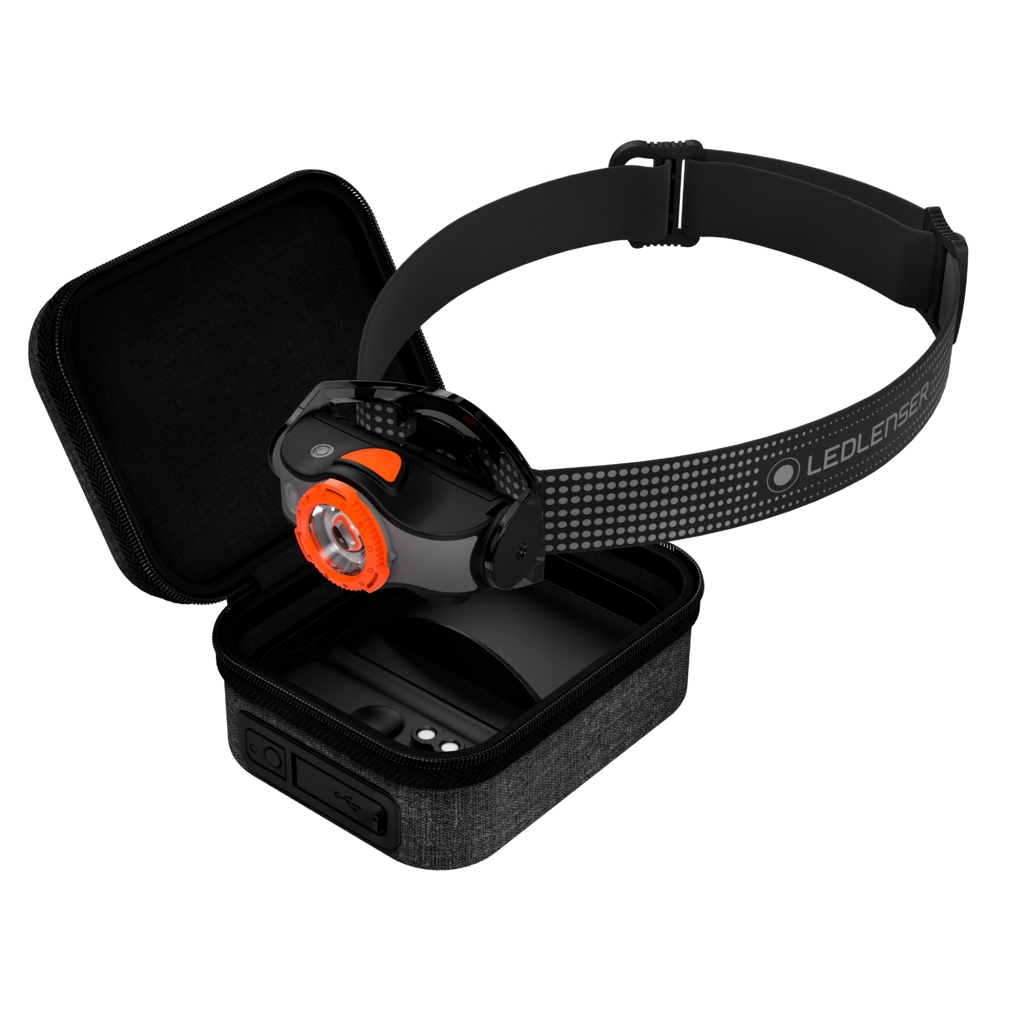 MH4 Powercase Combo Headlamp & Charging Case Ledlenser headlamp with orange bezel on black headband beside the protective carrying case