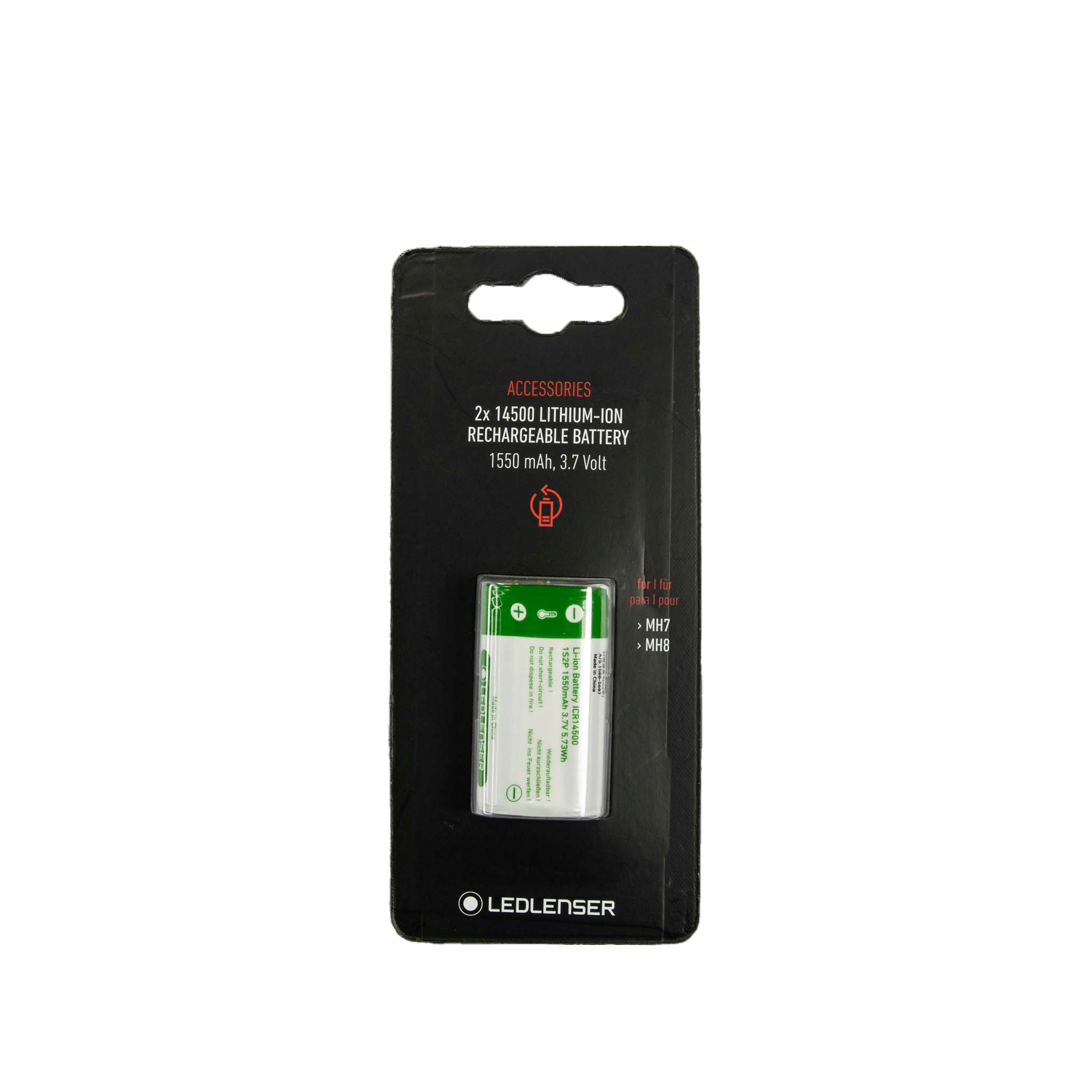 2x 14500 Li Ion Rechargeable Battery Pack Suits MH7 MH8 iH9R headlamps on black packaging with Ledlenser logo