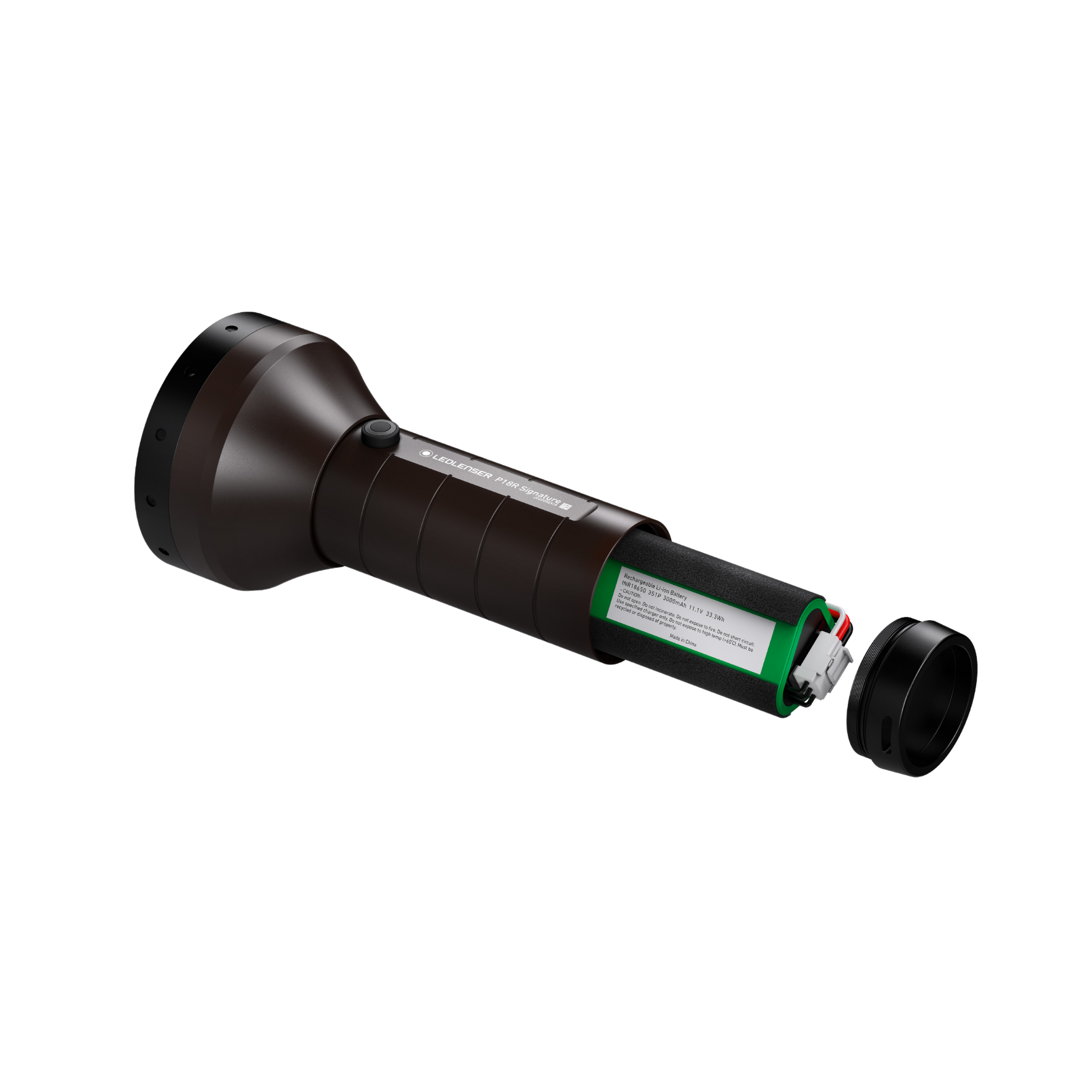 Ledlenser P18R Signature Torch disassembled view showing brown body exposed rechargeable battery pack and separated end cap on black background