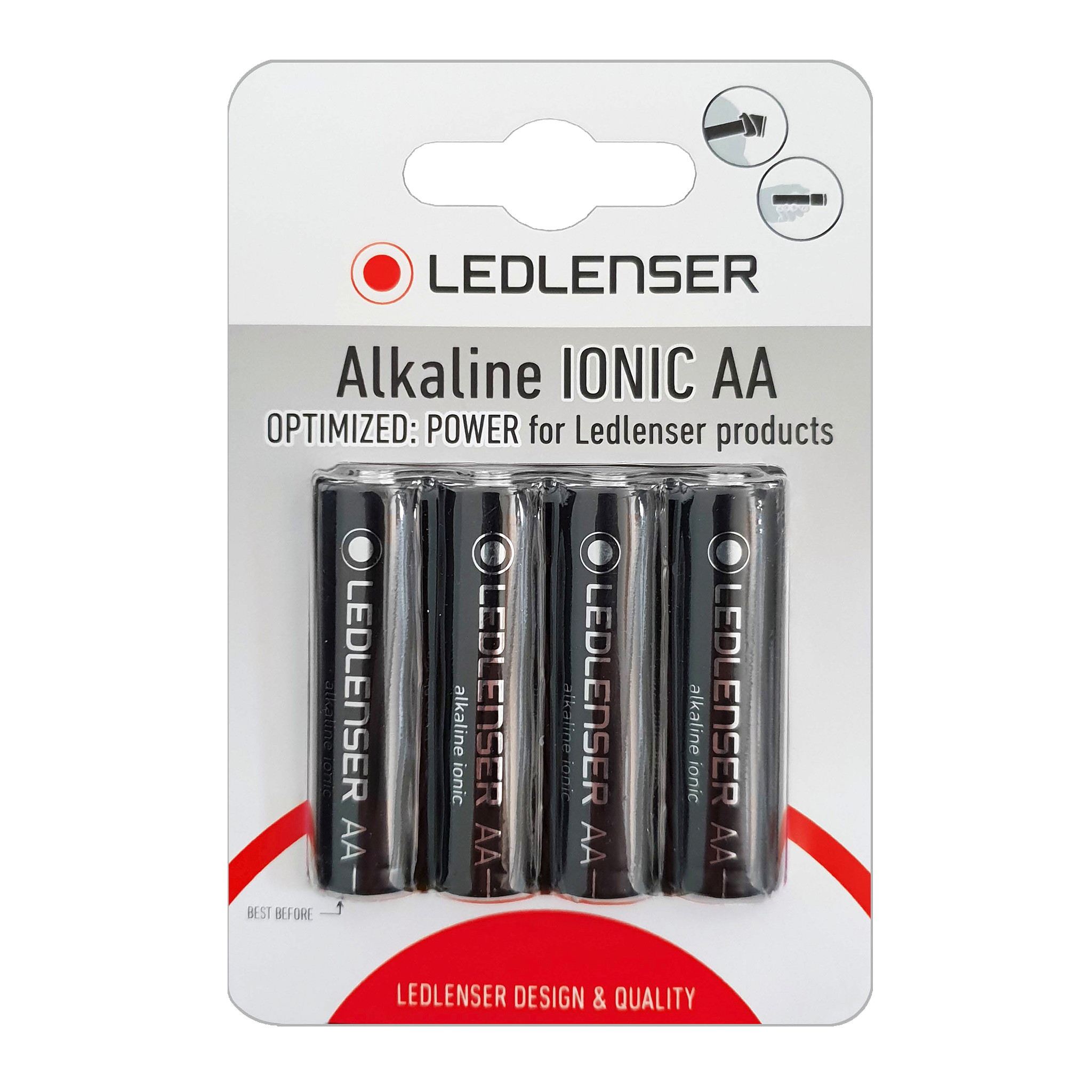 Ledlenser 4x AA Alkaline Ionic Battery pack of 4 blister pack showing four AA batteries for Ledlenser products