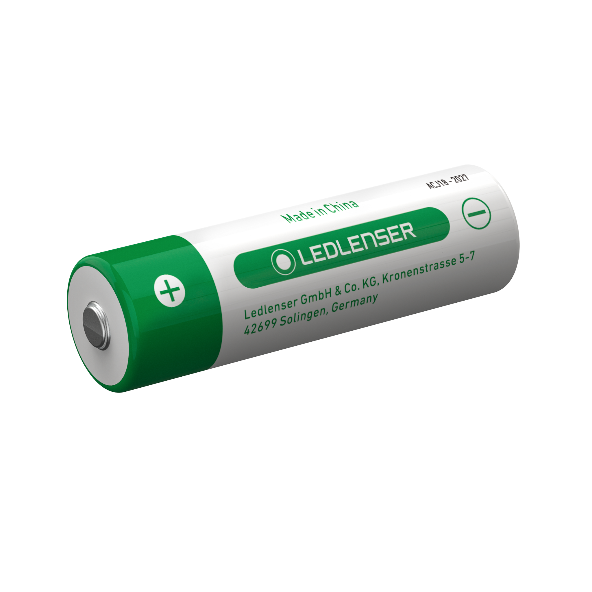 Rechargeable 21700 Li ion Battery by Ledlenser white cylinder with green band angled view showing terminals