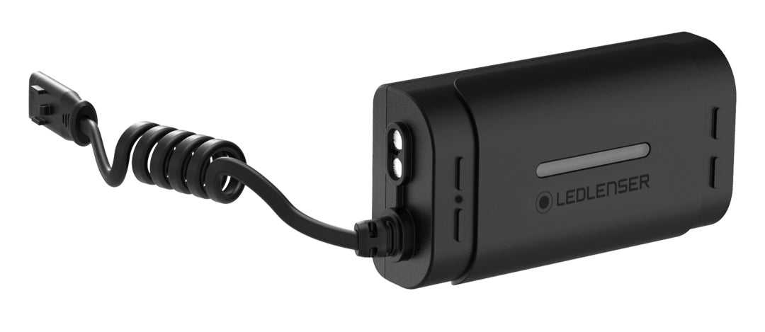Li Ion Rechargeable Battery Pack for NEO9R pictured with attached coiled charging cable and Ledlenser branding in black