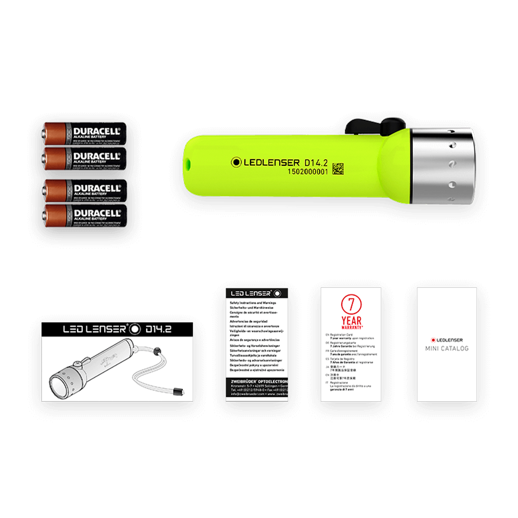 Ledlenser D14 2 Battery Operated Torch shown horizontally on a black background with four Duracell batteries and accessories beside it