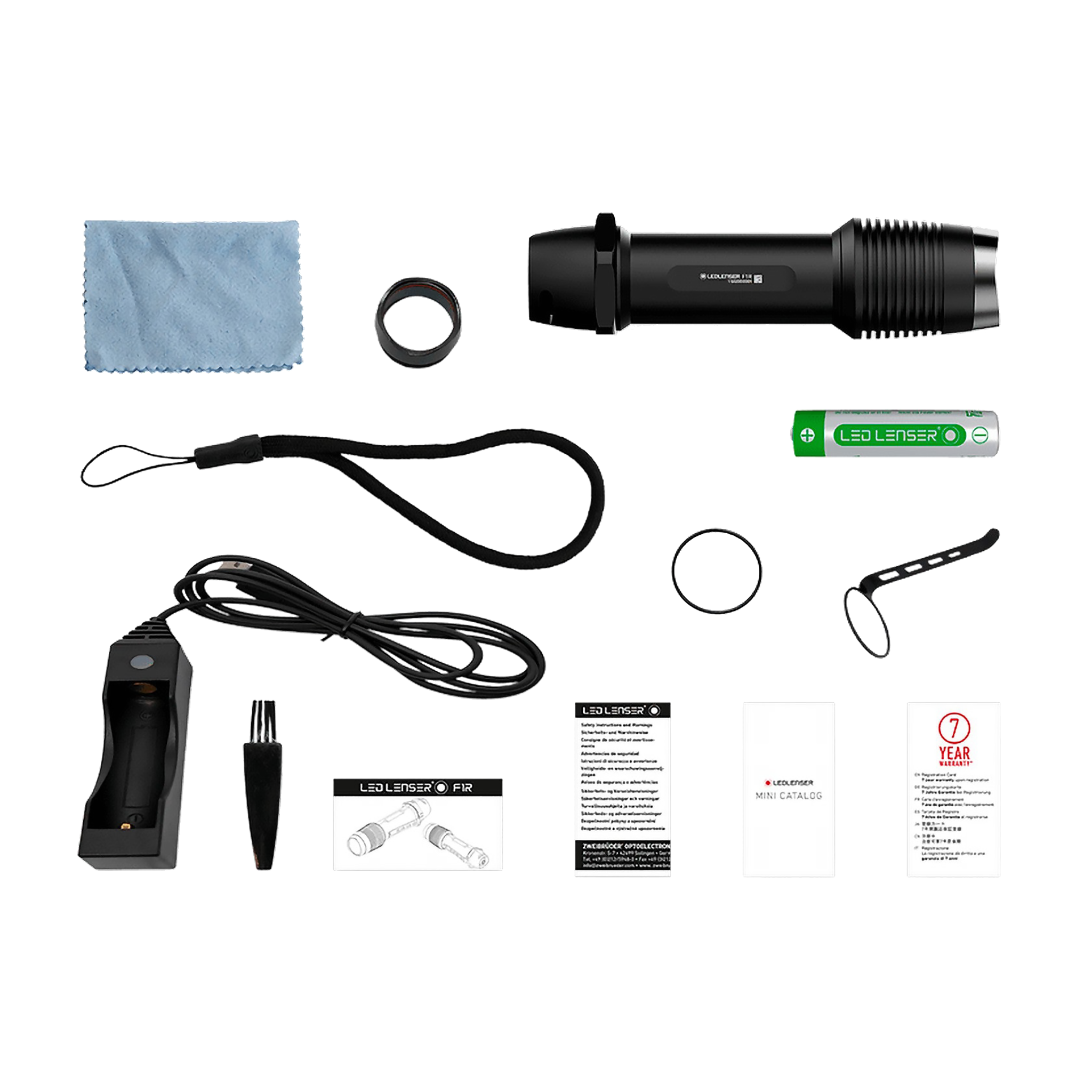 Ledlenser F1R Torch with accessories including rechargeable battery charging dock cable wrist lanyard cleaning cloth and manuals