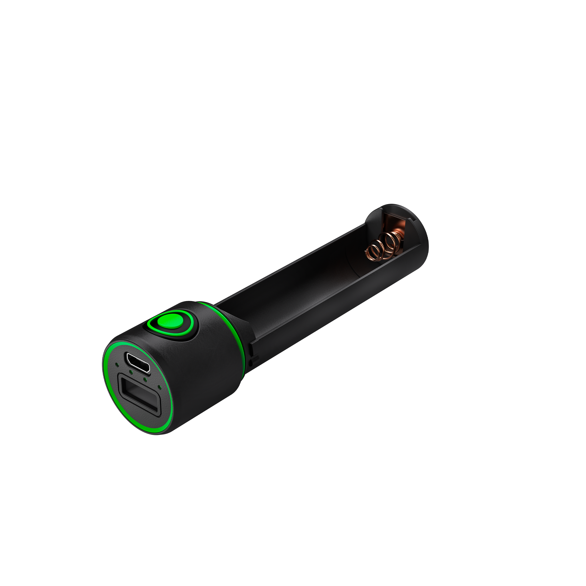 Ledlenser Flex3 Powerbank black cylindrical design with green ring showing dual USB ports and visible battery springs inside its cavity